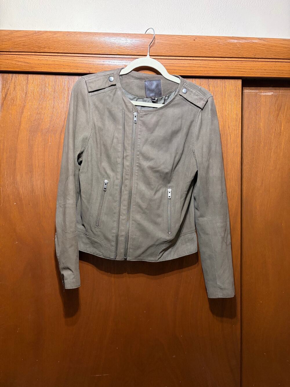 Joie Women's Genuine Goat Leather Jacket M Olive Green Moto Full Zip Silk Lined